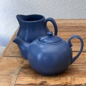 Ceramic Traditional Teapot & Creamer Pitcher Matte Blue